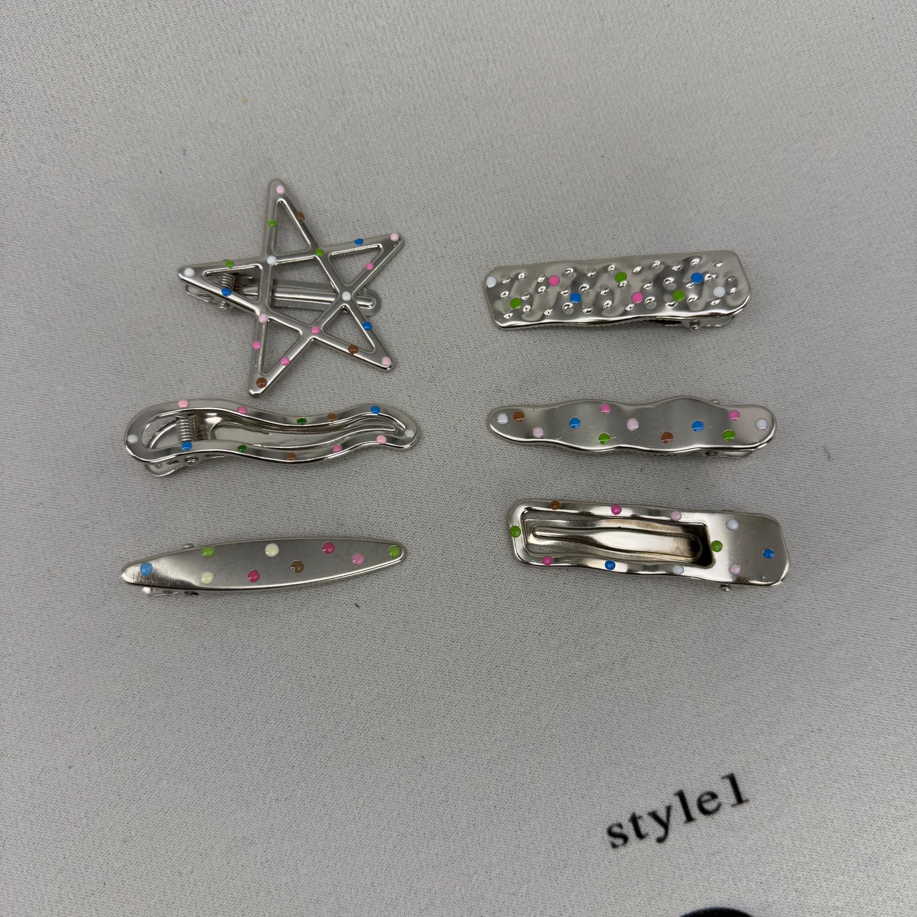 Funky Clips Y2K Silver Chrome Hair Clips | Colorful Confetti Polka Dots | Star Wave ...