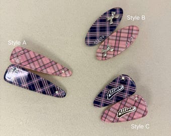 Tartan Plaid Hair Clips, Preppy Y2K Snap Barrettes for Women, Coquette Pink & Navy Hairclips, Cute Bangs Pin, Plaid Hairclip Set