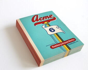 Vintage Acme Brand turquoise and red Broom Labels