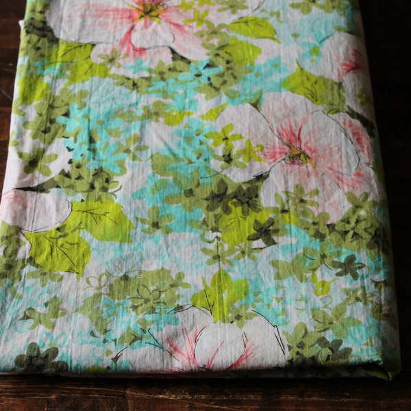 Vintage Reclaimed Fabric bed sheet linen fabric retro Tropical floral sky blue lime green pink Hibiscus flower 1.94 yards