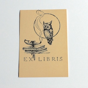 Ex libris vintage con gufo e incenso