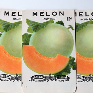 May include: Four vintage seed packets for Honey Dew Melon. Each packet features a colorful illustration of a melon slice and a whole melon with green leaves. The text on the packets reads "MELON HONEY DEW 15c LONE STAR SEED CO. SAN ANTONIO TEXAS 3440".