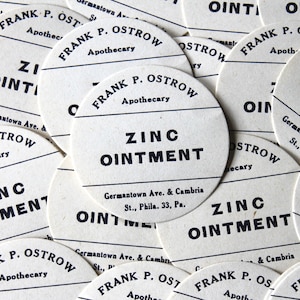 Vintage Apothecary Labels - Round Frank P. Ostrow Zinc Ointment Bottle Labels