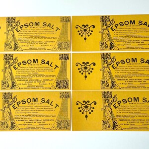 May include: Six vintage yellow paper labels with black text and illustrations. Each label reads "Epsom Salt" with directions for use and the company name "Chemical Industrial Company".