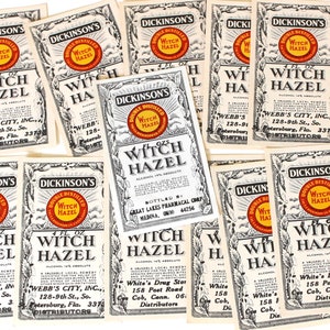 Puede incluir: Una colecci&oacute;n de etiquetas vintage de Witch Hazel de Dickinson. Las etiquetas presentan el nombre del producto en letras grandes, con un logotipo circular y bordes decorativos. Las etiquetas son de color crema con texto negro y rojo.