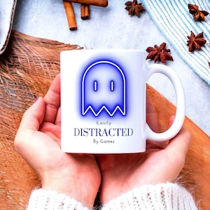 Funny Gamer Coffee Mug: Easily Distracted by Games, Neon Ghost Design