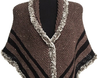 Outlander Inspired Knitted Wrap Stole Brown Taupe Shawl with Black Stripes and Faux Fur Trim