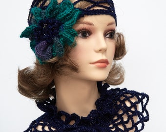 SET of TWO - Crocheted Flapper Hat Dark Blue Mesh Net Cap with Flower and Collar with Ties