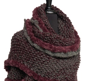 Knitted Shawl Gray Wine Red Ombre Color Stole Wrap with Ruffles and Flower Brooch