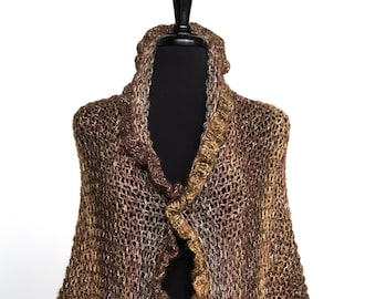 Knitted Shawl with Ruffles Green Brown Mustard Color Ruffled Wrap Stole