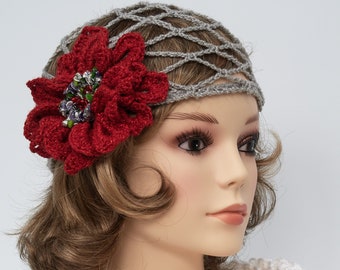 Crocheted Silver Mesh Flapper Hat Net Skull Cap With Red