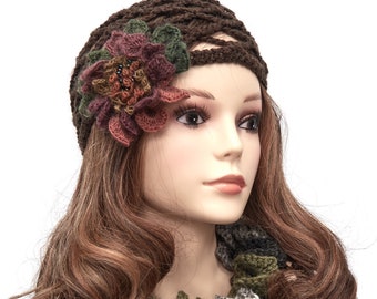 Crocheted Net Mesh Skull Brown Flapper Hat with Flower