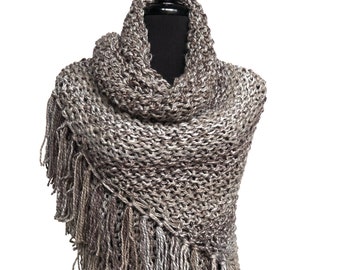 Outlander Inspired Knitted Shawl  Beig Gray Taupe Color Wrap with Fringe Tassels