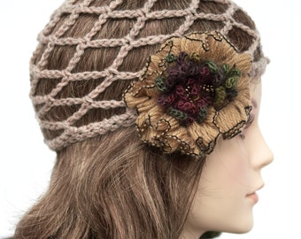 Crocheted Net Mesh Skull Beige Flapper Hat with Flower