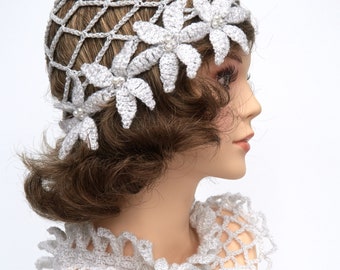 SET of TWO - Crocheted Flapper Hat White Mesh Net Cap with Flowers and Collar with Ties