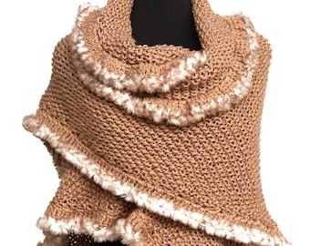 Knitted Shawl Camel Color Ruffled Stole Wrap with Beige Faux Fur Trim