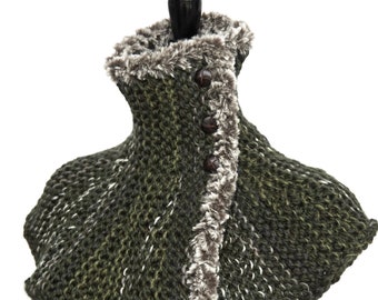 Outlander Inspired Knitted Green Capelet Cowl Turtleneck with Buttons