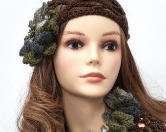 Crocheted Net Flapper Hat Brown Mesh Skull with Flower