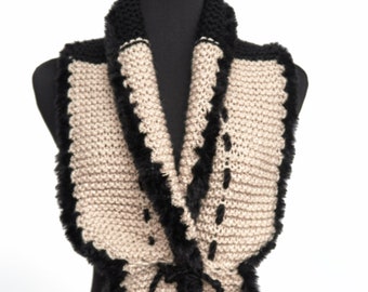 Knitted Scarf Collar Black Beige Necklet with Cord Ties and Faux Fur Trim