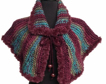 Knitted Capelet Turquoise Wine Red Green Color Collar Cowl Scarf with Cord Ties and Wooden Buttons