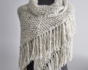Pure Wool Knitted Shawl Off White Light Cream Color Wedding Wrap Stole with Long Fringes