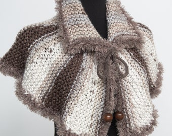 Knitted Capelet Off White Taupe Beige Color Collar Faux Fur Trim and Cord Ties with Wooden Beads