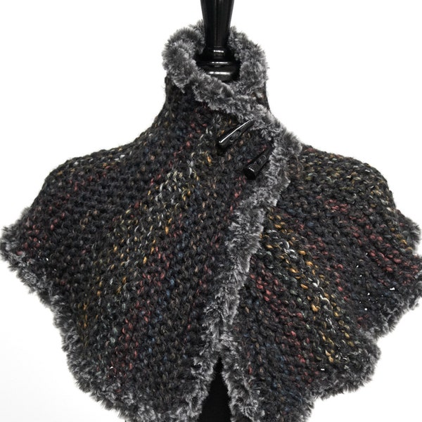 Outlander Inspired Knitted Capelet Dark Gray Cowl Turtleneck with Buttons and Faux Fur Trim