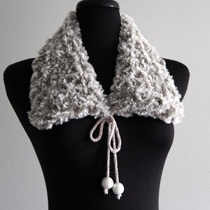 Knitted Gray Beige Faux Fur Collar with Cord Ties and Beads