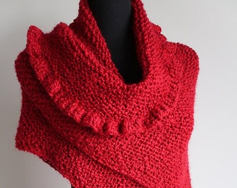 Knitted Ruffled Wrap Red Shawl Stole