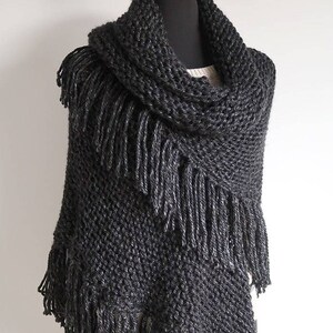 Extra Large Knitted Shawl Charcoal Gray Black Color Stole Wrap with Long Fringes