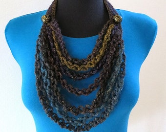 Crochet Necklace Lariat Bib Brown Teal Khaki Mustard Purple Patina Color Chains Cords