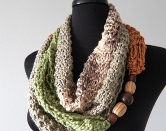 Organic Cotton Infinity Scarf Cowl Olive Apple Grass Green Cinnamon Spice Beige Brown Color Gaiter with Three Wooden Beads