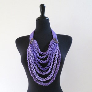 Fiber Necklace Crochet Chains Lariat Bib with Metal Flower Pendants Lavender Lilac Violet Purple Color
