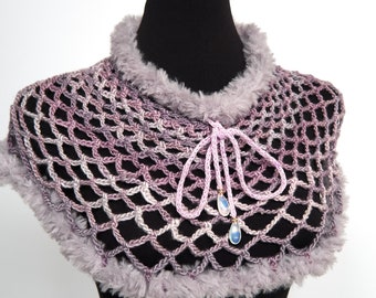 Crochet Collar Fairy Capelet with Cord Ties and Gray Faux Fur Trim