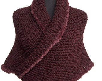 Knitted Shawl Faux Fur Trim Wrap Stole  Bordeaux Merlot Color