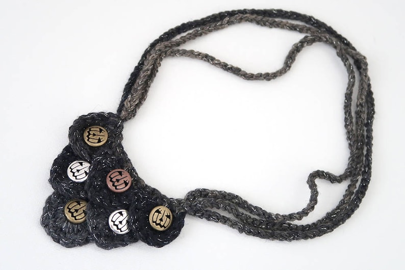 Pumpkin Patch Necklace Gray Charcoal Black Color Fiber Crochet Bib Style Statement Necklace with Metal Beads Pendants