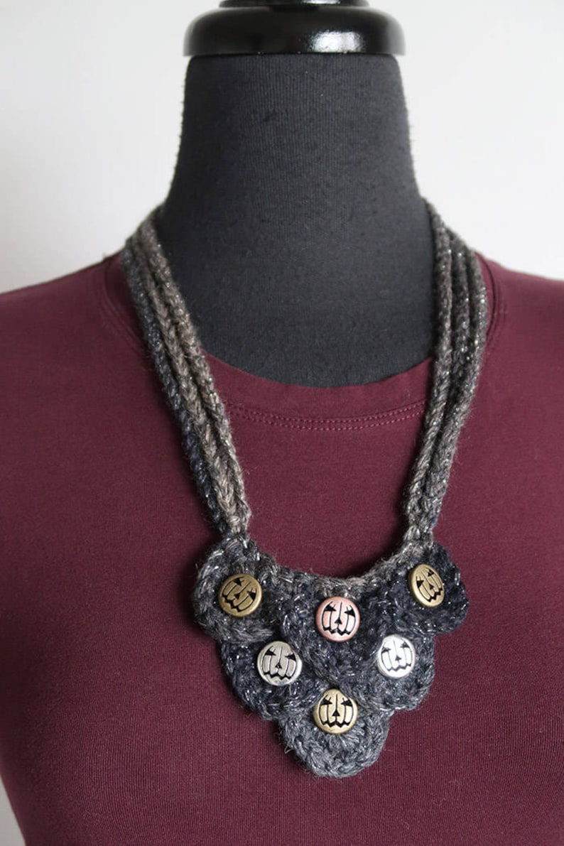 Pumpkin Patch Necklace Gray Charcoal Black Color Fiber Crochet Bib Style Statement Necklace with Metal Beads Pendants