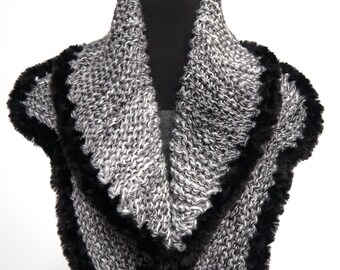 Outlander Inspired Knitted Gray Capelet Cowl Turtleneck with  Black Faux Fur Trim and Buttons