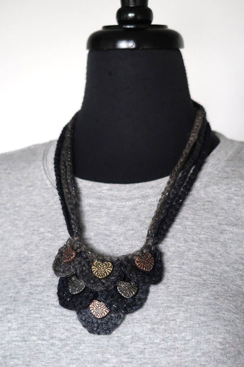 Statement Necklace Steampunk Hearts Dark Gray Charcoal Color Etsy