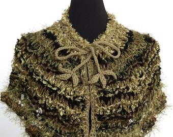 Knitted Capelet Khaki Olive Green Fuzzy Collar Cape with Cord Leaf Ties