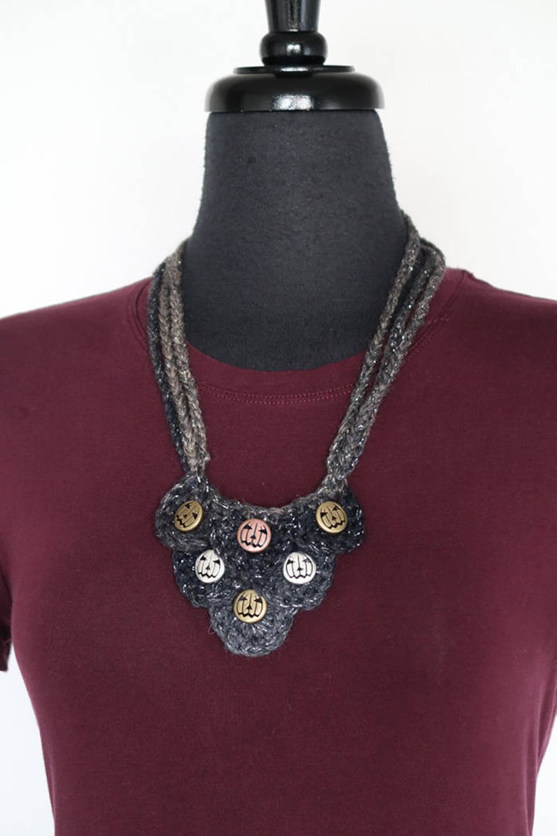 Pumpkin Patch Necklace Gray Charcoal Black Color Fiber Crochet Bib Style Statement Necklace with Metal Beads Pendants