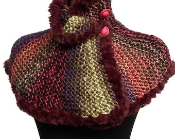 Knitted Capelet Cowl Turtleneck Scarf Purple Yellow Green Pink Colors Collar with  Bordeaux Faux Fur Trim and Buttons