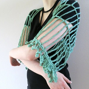Crochet Teal Mint Green Cropped Shrug Short Sleeves Bolero Wrap Scarf