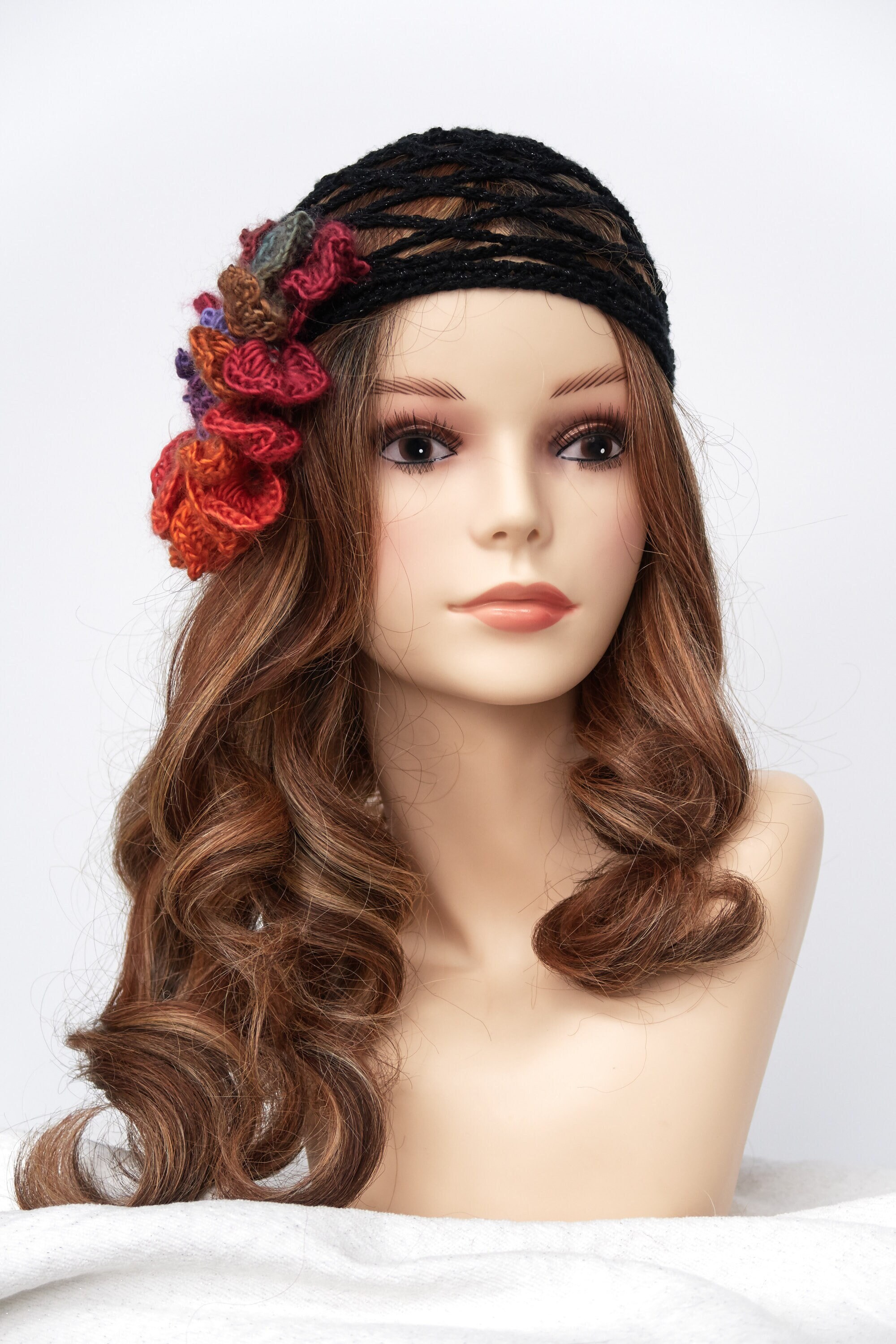 Crocheted Black Hat Net Skull Cap Flapper with Flower