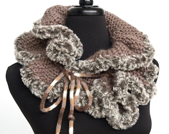 Knitted Scarf Collar Taupe Color Necklet with Cord Ties and Faux Fur Trim