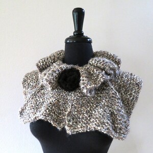 Knitted Capelet Ruffled Collar Cowl with Black Flower Knitted Brooch Pin Beige Gray Taupe White Melange Color