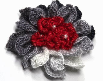 Crochet Statement Flower Dark Light Gray White Red Color Hat Hair Scarf Shawl Brooch Pin