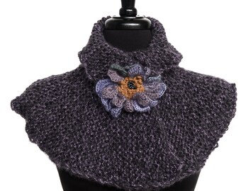 Knitted Capelet Purple Gray Color Scarf With Buttons Turtleneck with Crochet Flower