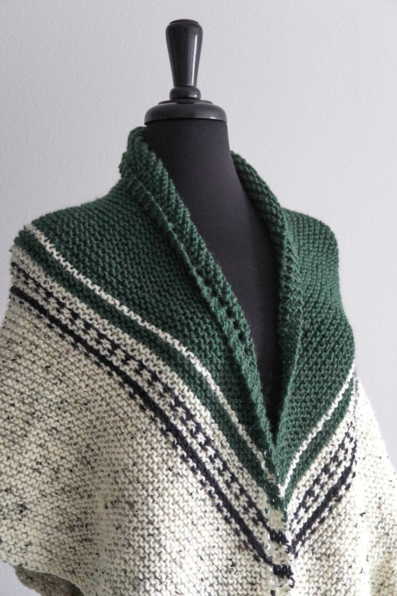 Knitted Wool Shawl Birch Tweed off White Green Wrap With Black