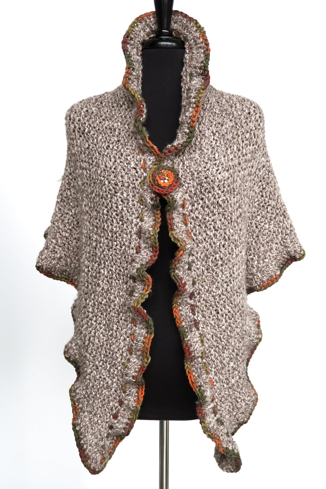 Shawl Ruffle Knitted Ruffled Shawl Beige Gray Wrap Scarf With Flower Brooch - Etsy